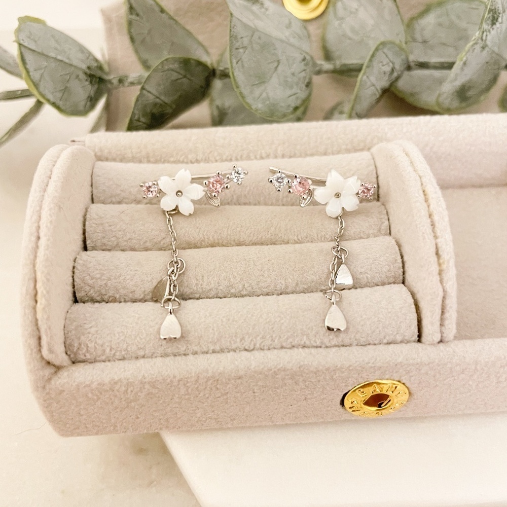 925 Sterling Silver Cherry Blossom Earrings Dangle Flower Petal Drop Earrings